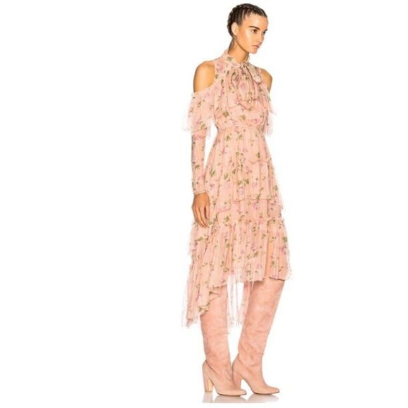 NWT ULLA JOHNSON Pink Marion cold shoulder silk midi ruffle dress size 2 - Picture 2 of 13